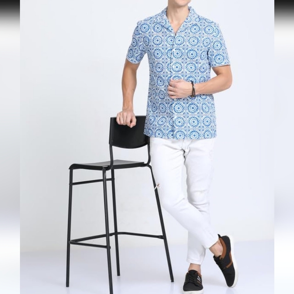 2/$30 NEW Primark Men's Regular Fit Blue Aztec Tile Print Short Sleeve Shirt